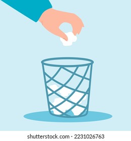 Hand throwing crumpled paper into trash bucket..Office worker throwing piece of paper in waste bin flat vector illustration. Stress, frustration concept for banner, website design or landing web page.