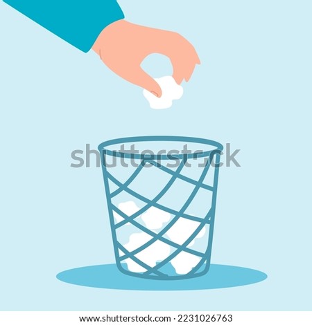 Hand throwing crumpled paper into trash bucket..Office worker throwing piece of paper in waste bin flat vector illustration. Stress, frustration concept for banner, website design or landing web page.