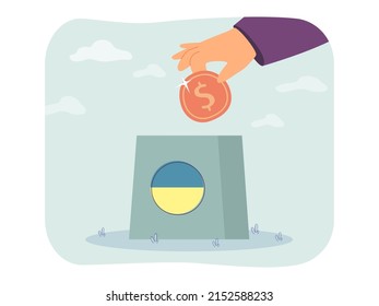 Hand throwing dollar coin into charity box with flag of Ukraine. Generous person donating money flat vector illustration. Donation, help concept for banner, website design or landing web page