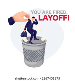 Entregar mano a mano documentos de empleados y de negocios al cubo de basura, diseñar la plantilla con el Cliente está despedido, despedir la ilustración del vector de texto. El jefe de caricatura sostiene a un hombre triste sobre un basurero de la oficina para tirarlo y despedirlo