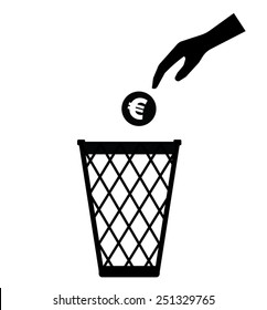 Hand throwing EURO currency away trash can toss - Vector - Sign