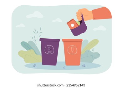 Hand throwing garbage into trash container. Dustbins for different types of waste flat vector illustration. Recycling, environmental, ecology concept for banner, website design or landing web page