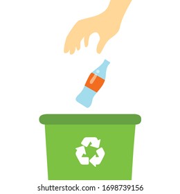 Hand throwing a glass bottle into a recycle bin. Garbage container. Flat design, vector illustration.