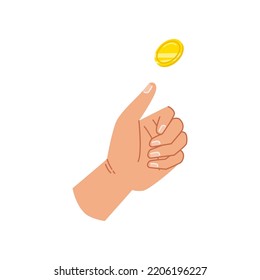 Hand throwing gold coin, isolated money thrown in air. Giving loan, saving financial assets or exchanging, wealthy person. Flat cartoon style vector illustration