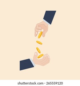 Hand throwing golden coins and the other hand catching them