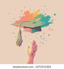Hand throwing graduate cap in the air. Concept for happy graduation poster or card template design. Flat vector illustration