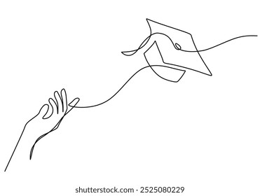 Hand throwing graduation cap continuous one line drawing. Education and achievement concept. Vector illustration minimalist background.