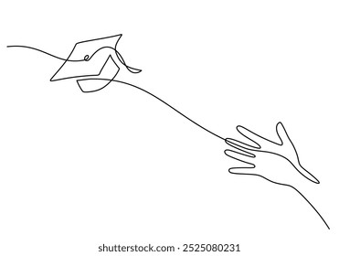 Tapa de graduación de lanzamiento de mano dibujo continuo de una línea. Concepto de Educación y celebración. Fondo minimalista de Ilustración vectorial.