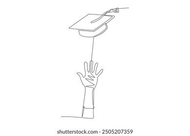 Hand throwing graduation cap. Graduation hats concept one-line drawing