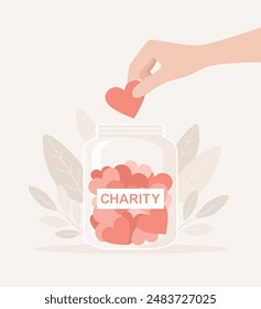 Eine Hand, die ein Herz in ein Charity-Glas wirft. flache Vektorillustration
