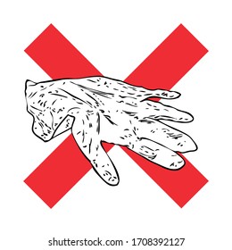 Hand throwing litter or trash, disposable medical used rubber gloves on the street concept. Stop litter or no litter sign to prevent coronavirus Covid-19 sign contamination.  