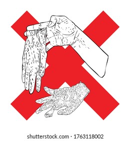 Dando a mano basura o basura, la medicina desechable usó guantes de goma en el concepto de calle. Detener la basura o no hay señal de la camada para evitar la contaminación por signos del coronavirus Covid-19.  