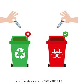 Hand throwing needles into dangerous trash And recycling bins Right and wrong concept of hygiene and safety