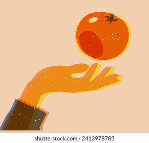 A hand throwing an orange into the air, printed on a risograph. Vector illustration