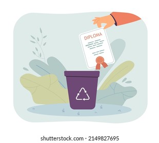 Hand throwing out diploma in trash bin flat vector illustration. Disappointed graduate putting diploma into recycling garbage can. Education concept for banner, website design or landing web page