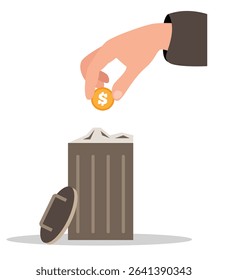 Hand Throwing Out a Dollar Coin into Trash Bin. Money and managing finances, economy in crisis concept vector art
