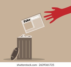 Hand Throwing Out Fake News Newspaper into Trash Bin. Current affairs and mass media information vector art