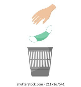 Hand throwing out medical mask into wastebasket. Vector illustration.