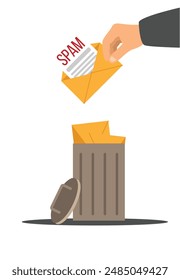 Hand Throwing Out Spam Message into Trash Bin. Deleting phishing mail and online presence safety concept vector