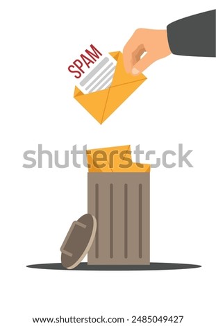 Hand Throwing Out Spam Message into Trash Bin. Deleting phishing mail and online presence safety concept vector