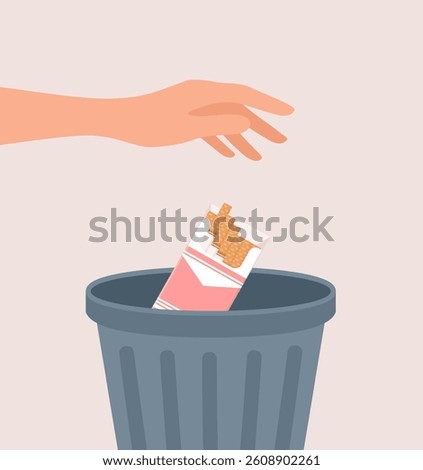 Hand throwing pack of cigarettes into the trash can. Flat vector illustration
