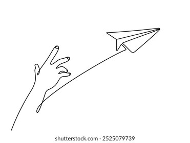 mão jogando avião de papel desenho contínuo de uma linha. pessoas conceito de energia. Plano de fundo minimalista de ilustração vetorial.