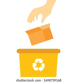 Hand throwing a paper box into a recycle bin. Garbage container. Flat design, vector illustration.