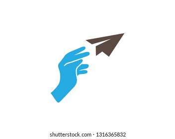 Hand throwing a paper rocket, freedom concept for logo design
