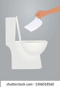 Hand throwing paper to toilette. vector