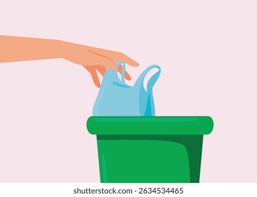 
Hand Throwing a Plastic Bag to the Garbage Vector Concept Illustration. Person not thinking about the environment when consuming non-biodegradable products 
