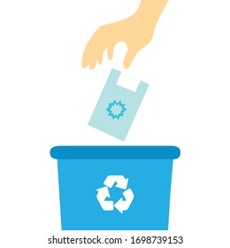 Hand throwing a plastic bag into a recycle bin. Garbage container. Flat design, vector illustration.