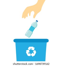 Mano tirando una botella de plástico a una papelera de reciclaje. Contenedor de basura. Diseño plano, ilustración vectorial.