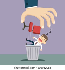 Hand throwing putting sleeping worker in trash can, vector illustration cartoon