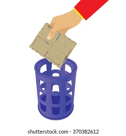  Hand throwing trash in the waste basket. Rubbish bin.