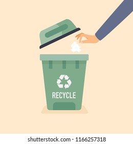 Hand throwing used paper into the trash. Recycling Vector Concept.