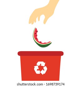 Hand throwing a watermelon peel into a recycle bin. Garbage container. Flat design, vector illustration.