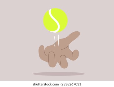 Hand throwing a yellow tennis ball, sport and recreation