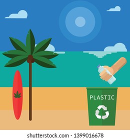 Hand thrown plastic bottle 
waste and  green recycle bin and beach background flat style,vector illustration