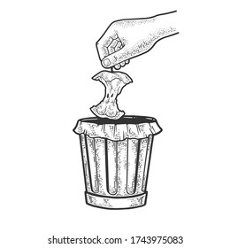 hand throws apple stub into trash sketch engraving vector illustration. T-shirt apparel print design. Scratch board imitation. Black and white hand drawn image.