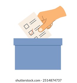 hand throws a ballot into the ballot box; promote civic education, encourage voter participation - vector illustration