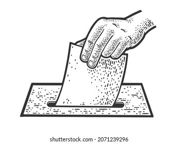 hand throws a ballot paper for elections sketch engraving vector illustration. T-shirt apparel print design. Scratch board imitation. Black and white hand drawn image.