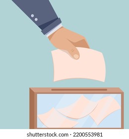 The hand throws the ballot paper into the box. flat style