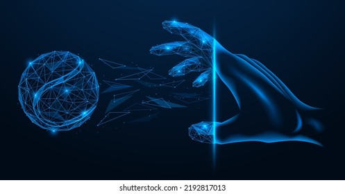 Hand throws a baseball. Polygonal design of lines and dots. Blue background.