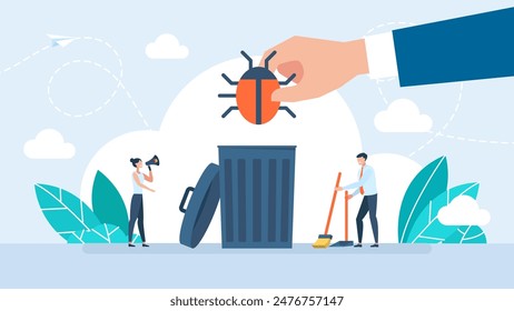 A hand throws a beetle into a trash can. Bug fixing Software As A Service. Software test for effective website development tiny person concept. Bug catching and error checking. Vector illustration