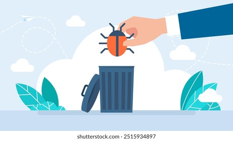 A hand throws a beetle into a trash can. Bug fixing Software As A Service. Software test for effective website development concept. Bug catching and error checking. Vector illustration