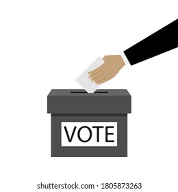 La mano arroja una tarjeta en la urna electoral. Votar la ilustración en un fondo claro.