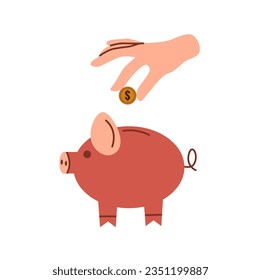 Hand throws coin into piggy bank. Arm with coin. Business and finance concept. Flat vector illustration.