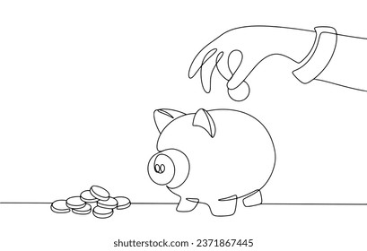 A hand throws a coin into a piggy bank. World Savings Day. One line drawing for different uses. Vector illustration.