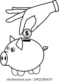 Mano lanza moneda al banco de cerdos para colorear libro. Concepto de ahorro personal o familiar, economía, ingresos, finanzas, inversiones. Ilustración del vector