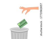Hand throws a credit card into the trash can. Vector illustration, flat cartoon color design, eps 10.